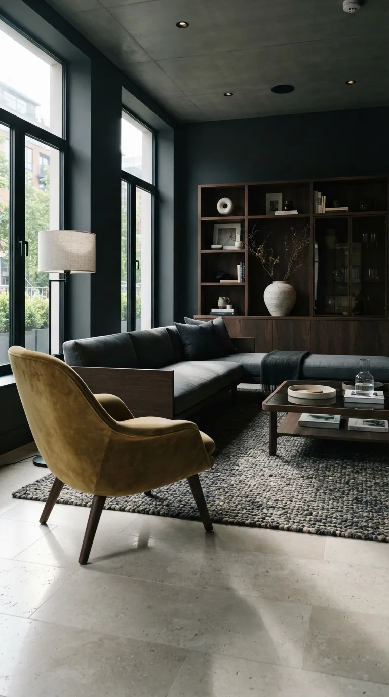 moody home color scheme ideas Ink Gray and Mustard