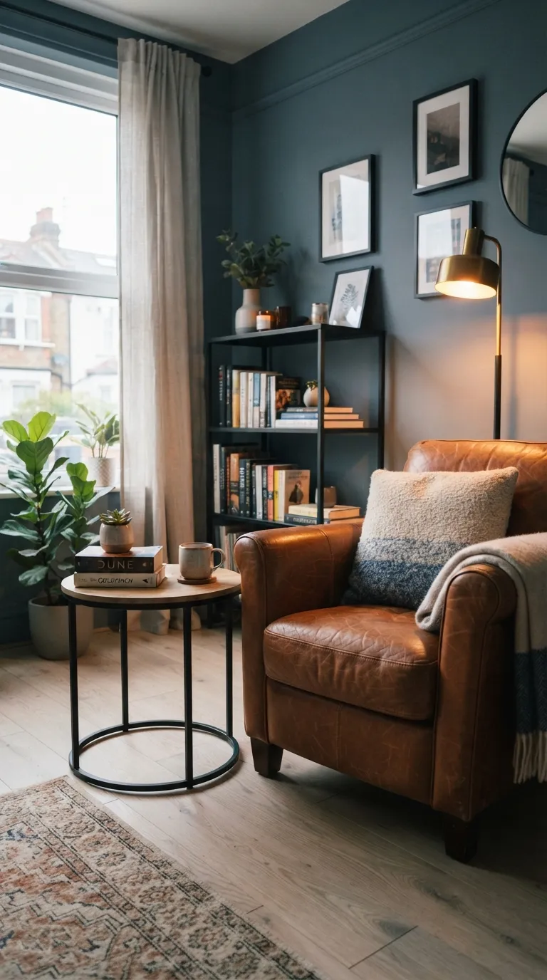 moody home color scheme ideas Slate Blue and Cognac