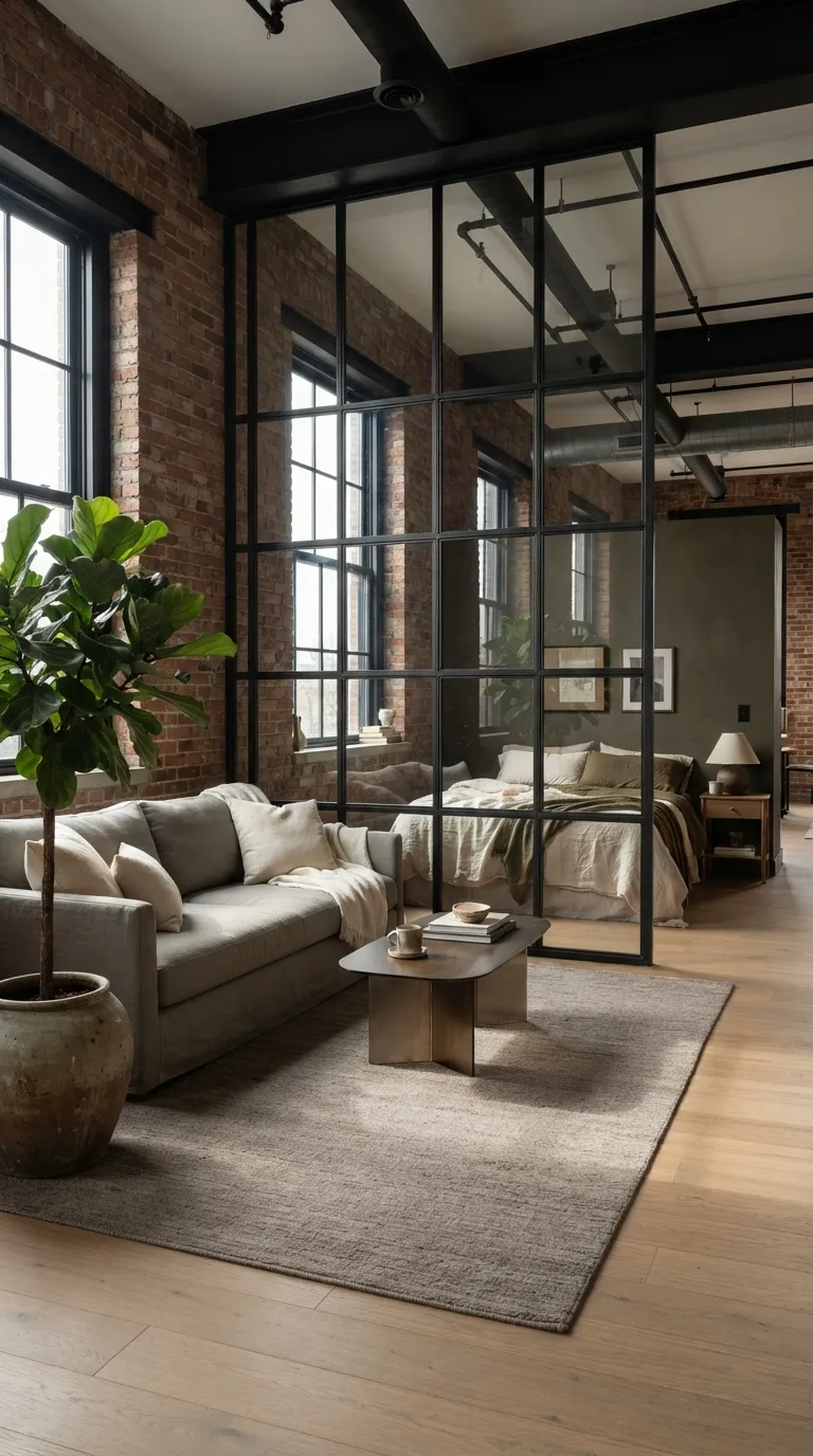 moody loft designs Black Framed Glass Walls
