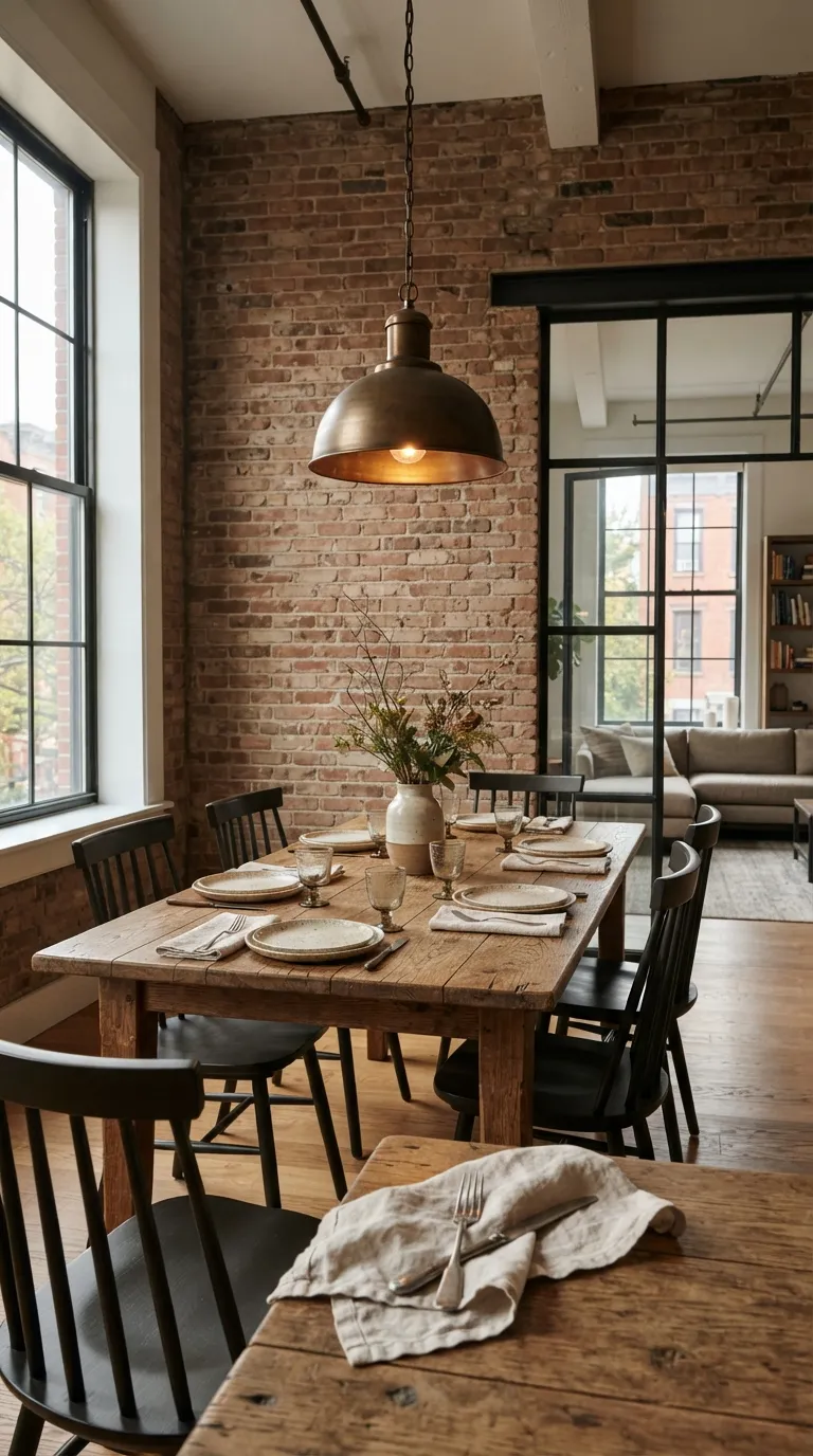 moody loft designs Exposed Brick Dining Area