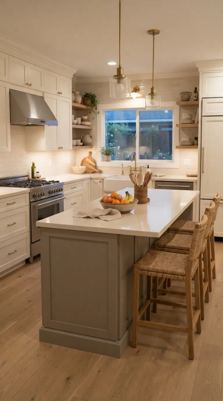 neutral kitchen color palette ideas Cream Cabinets and Greige Island