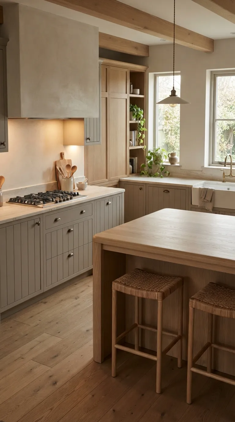 neutral kitchen color palette ideas Warm Greige and Oak