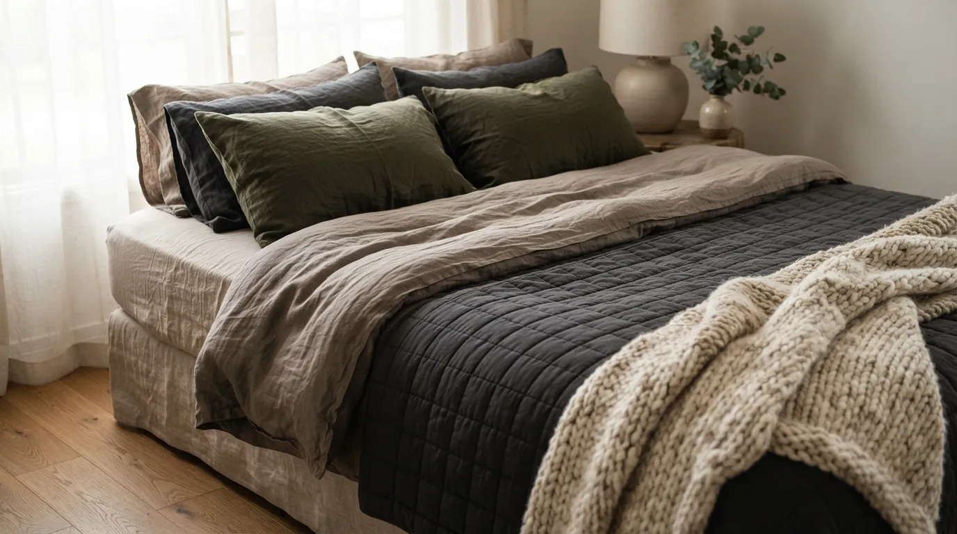 romantic moody bedroom Linen Layering
