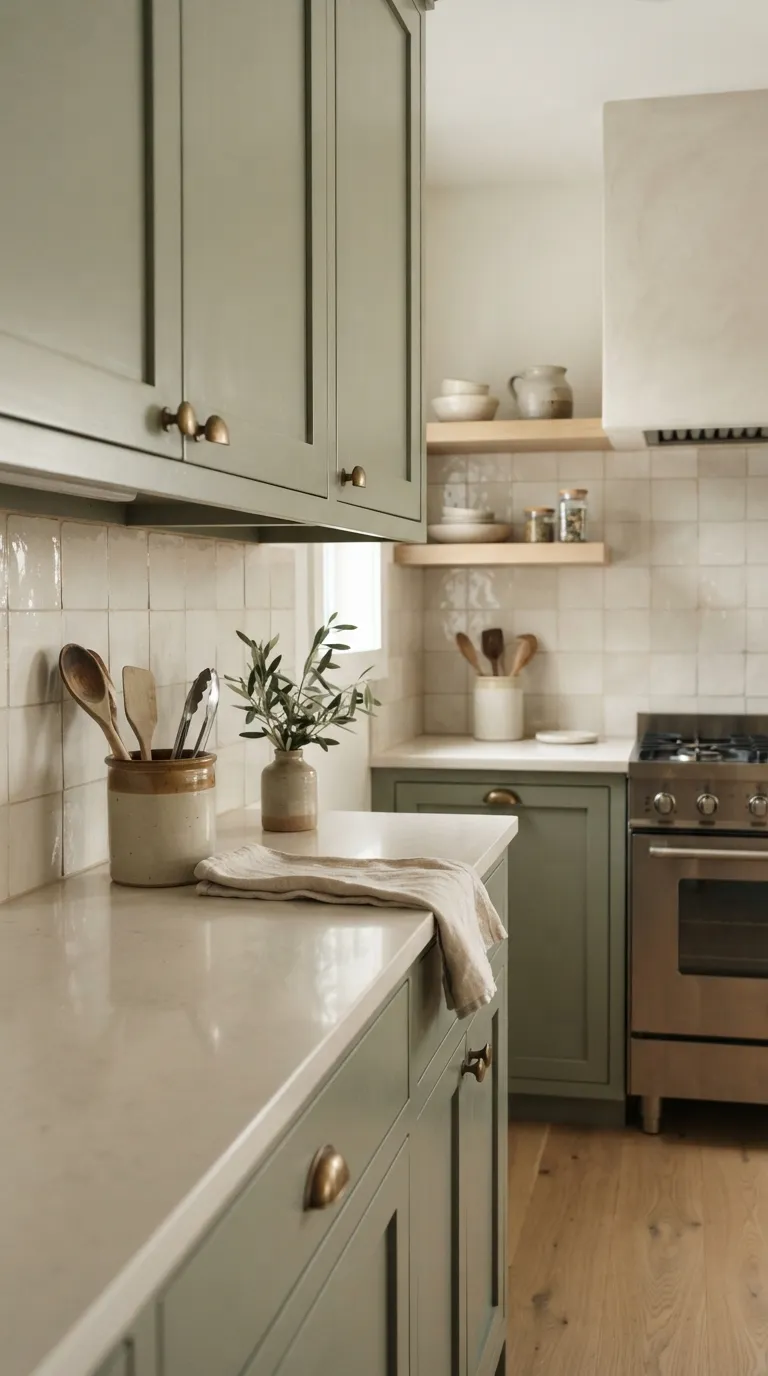 sage green kitchen color ideas Sage Green with Creamy Tile