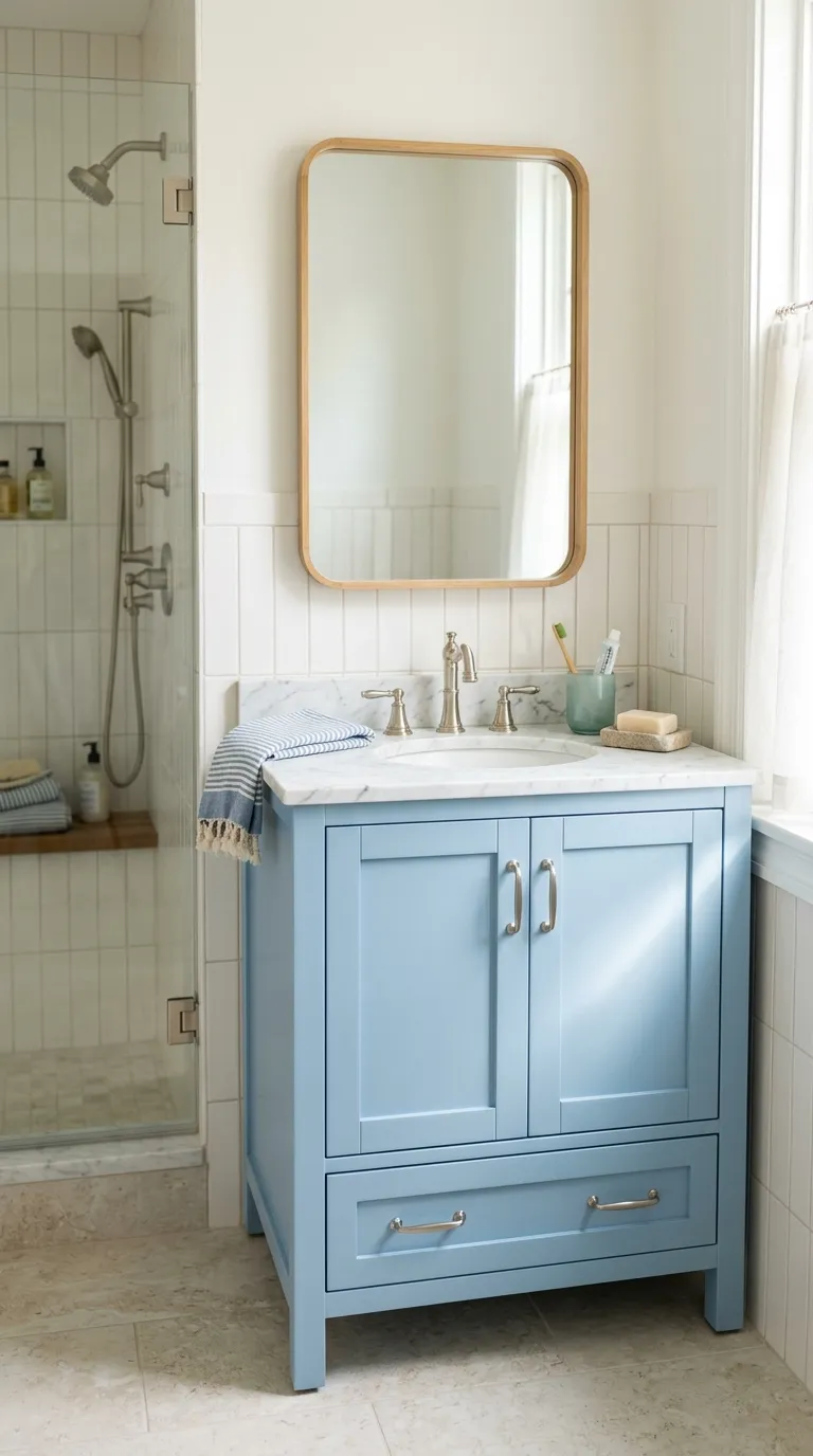 small bathroom vanity ideas Add a Light Blue Vanity for Soft Color