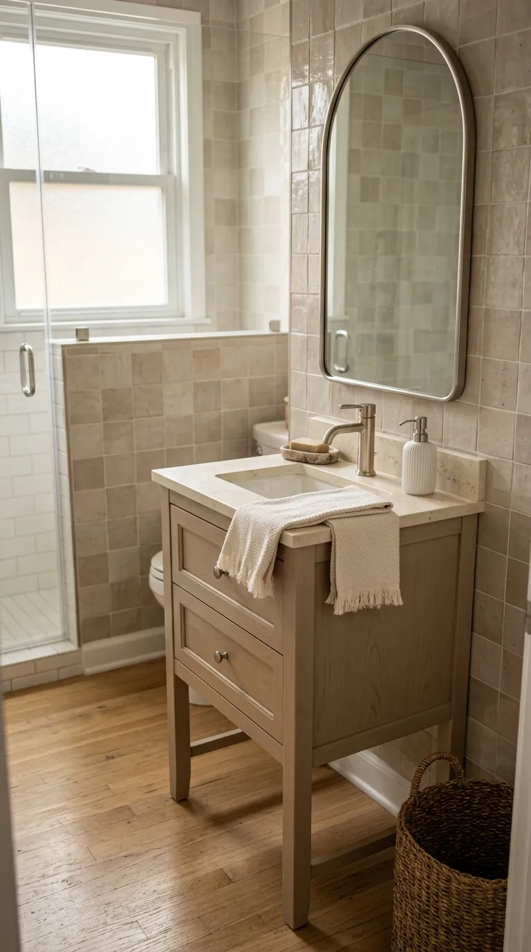 small bathroom vanity ideas Add a Slim Vanity in a Warm Neutral Tone