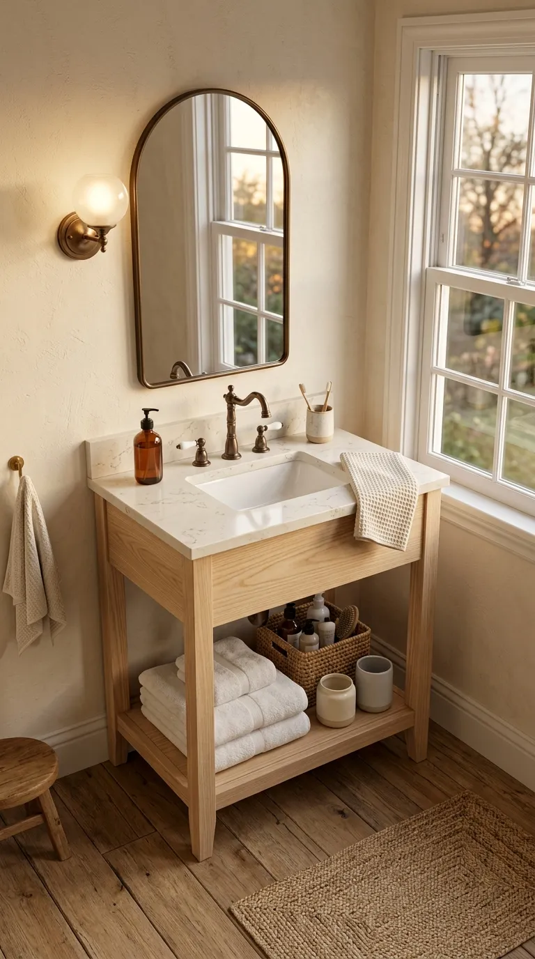 small bathroom vanity ideas Add a Small Vanity With Open Shelving