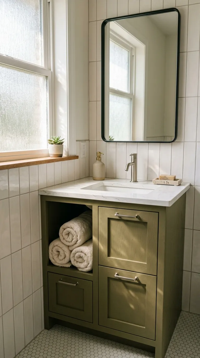 small bathroom vanity ideas Add a Tiny Vanity With Built-In Towel Storage