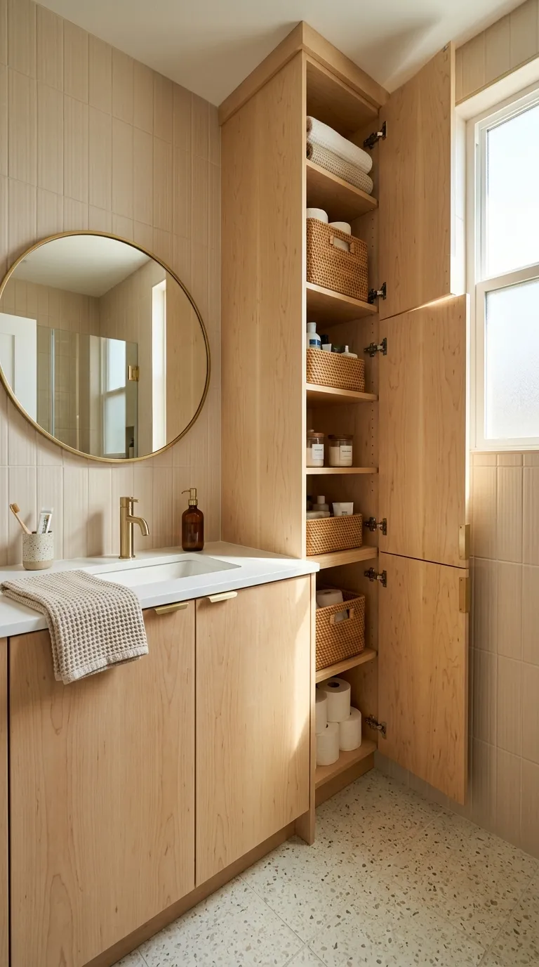 small bathroom vanity ideas Pair a Compact Vanity With Vertical Storage