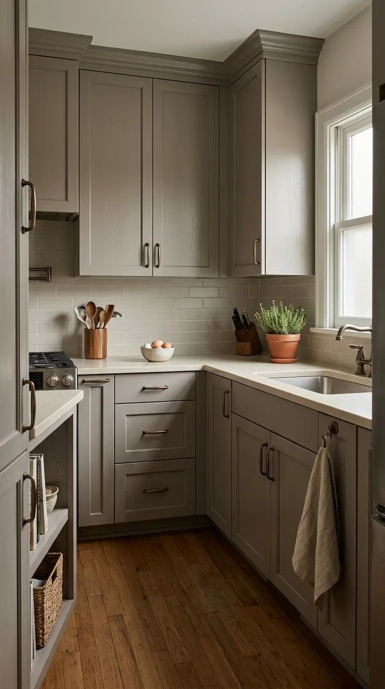 small kitchen color ideas Mushroom Gray Cabinets