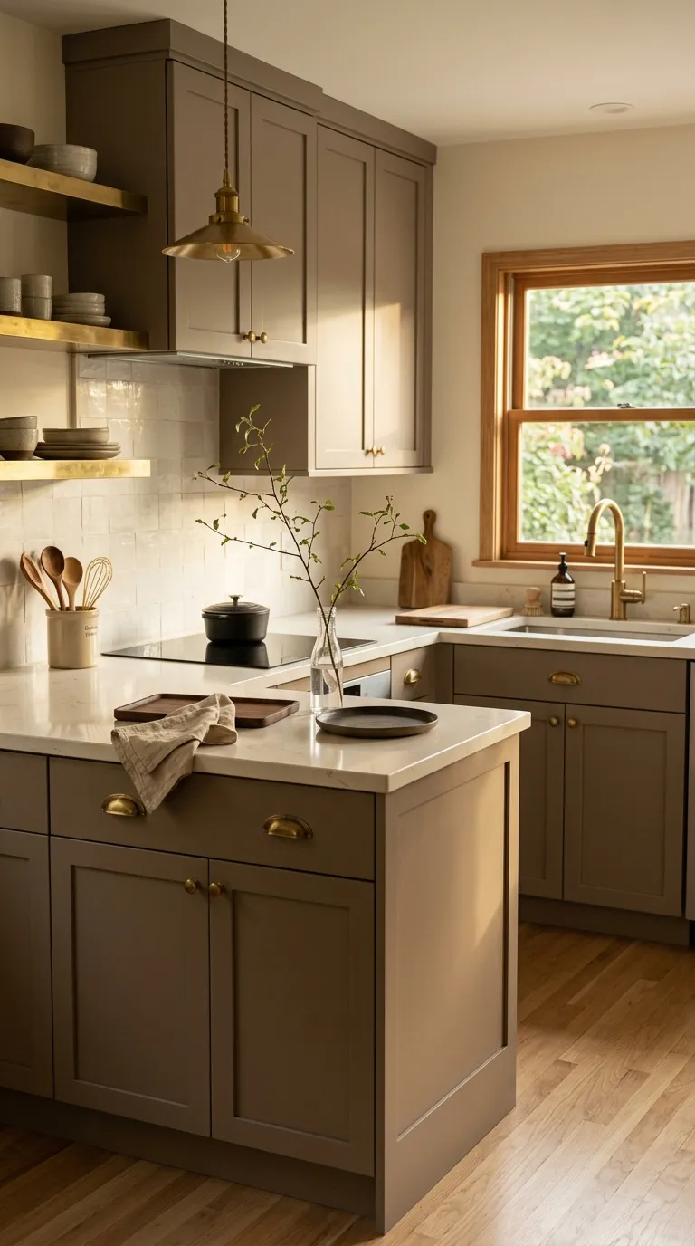 small kitchen color ideas Taupe and Brass