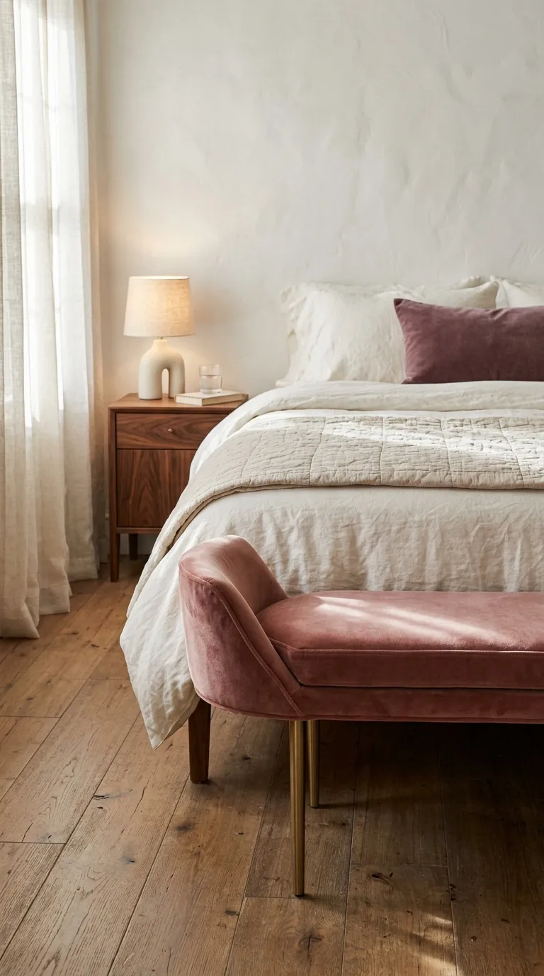 small luxury bedroom decor ideas Add a Slim Velvet Bench