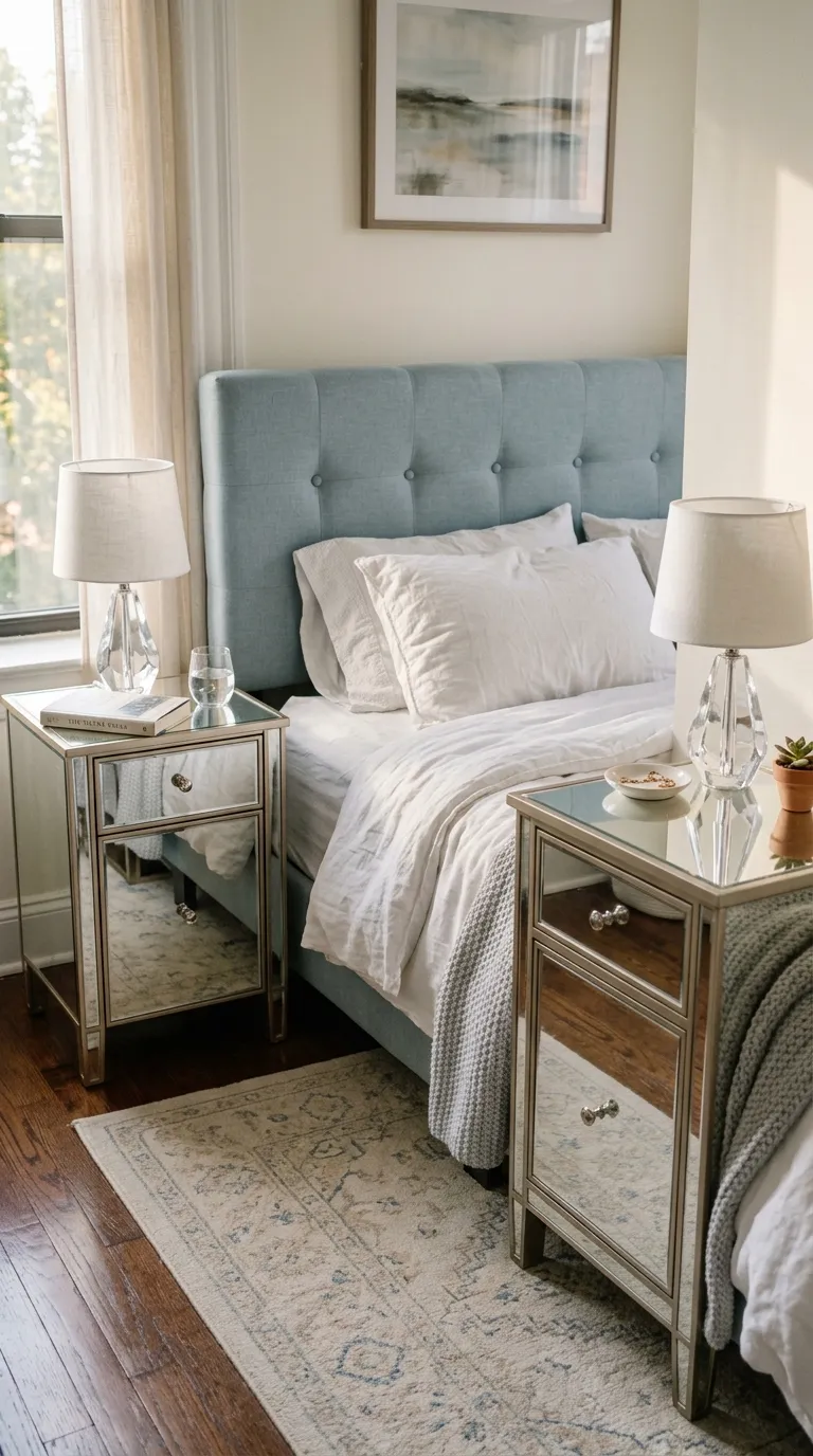 small luxury bedroom decor ideas Use Mirrored or Glass Nightstands
