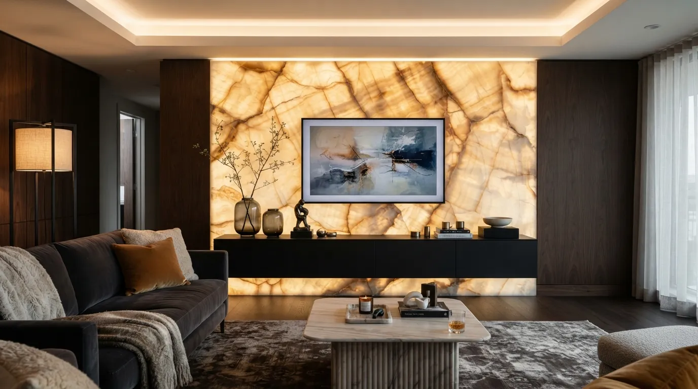 tv wall design Backlit Onyx Accent