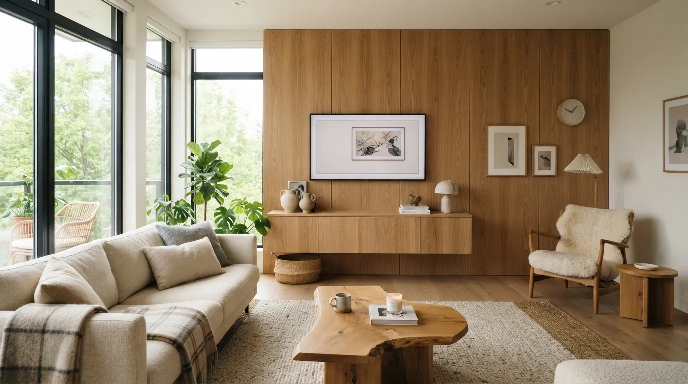 tv wall design Floor-to-Ceiling Oak