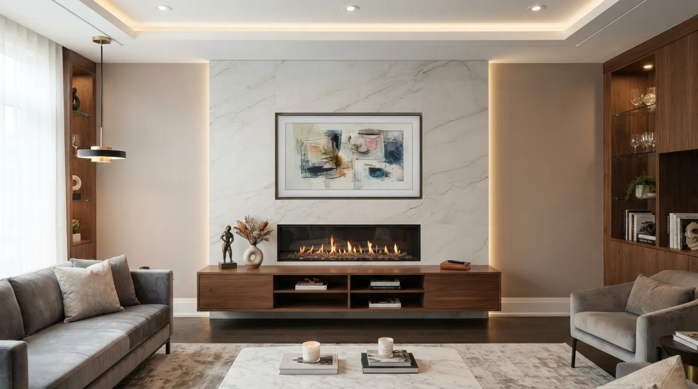tv wall design Integrated Linear Fireplace