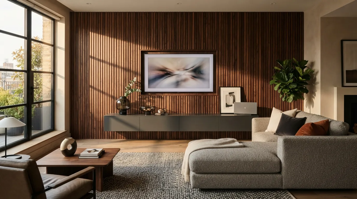 tv wall design Slatted Walnut Wall