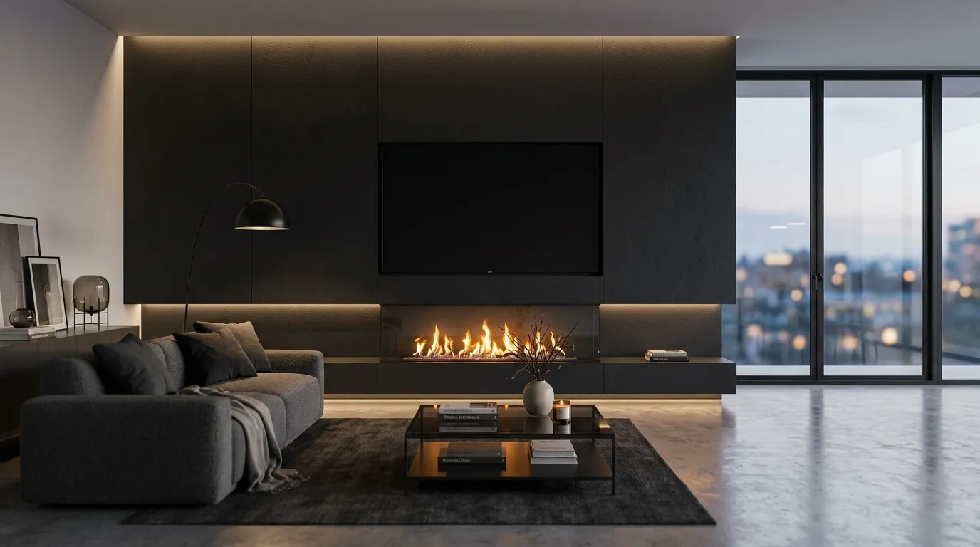 tv wall design with fireplace Black Textured Panels
