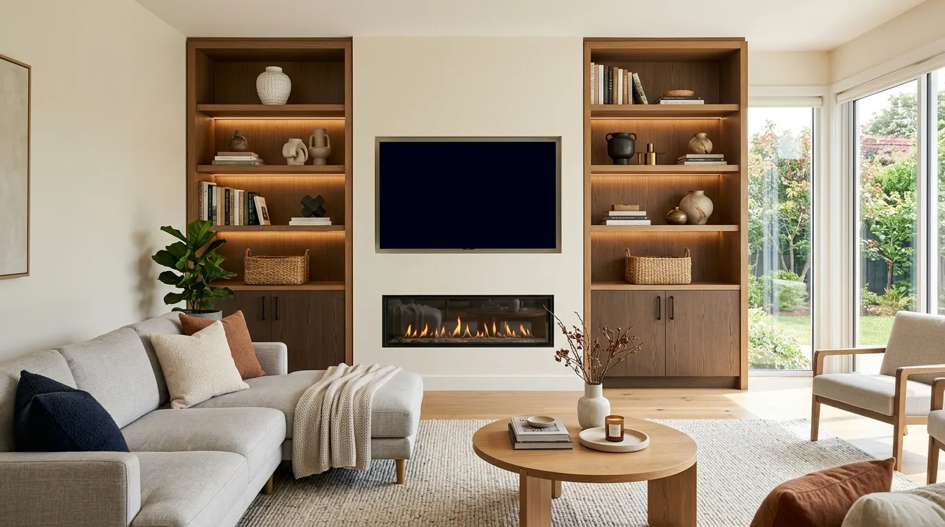 tv wall design with fireplace Built-In Shelving