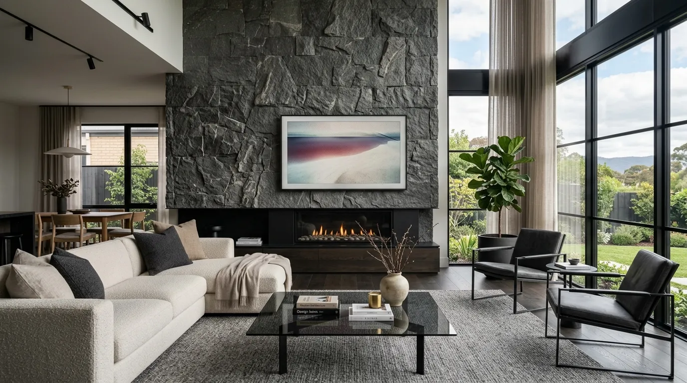 tv wall design with fireplace Charcoal Stone Contrast