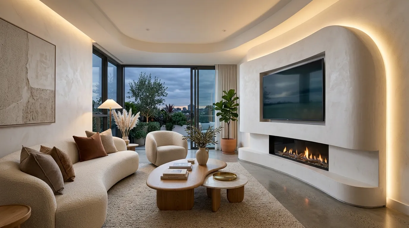 tv wall design with fireplace Curved Fireplace Wall