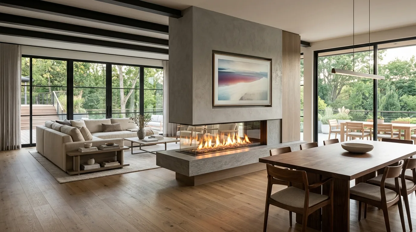 tv wall design with fireplace Double-Sided Fireplace