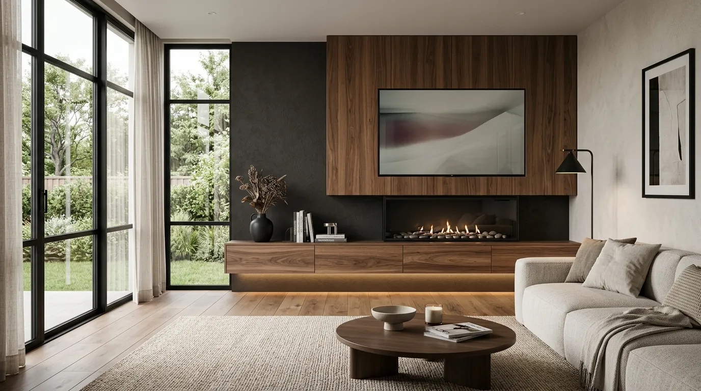 tv wall design with fireplace Floating Media Console