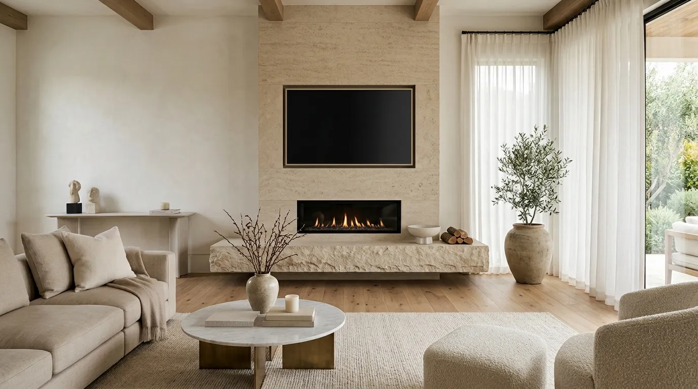 tv wall design with fireplace Floating Stone Hearth