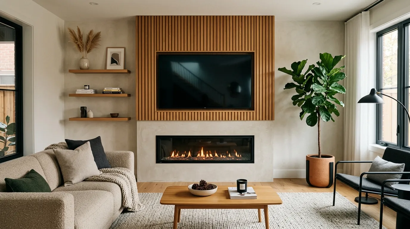 tv wall design with fireplace Floating Wood Panels