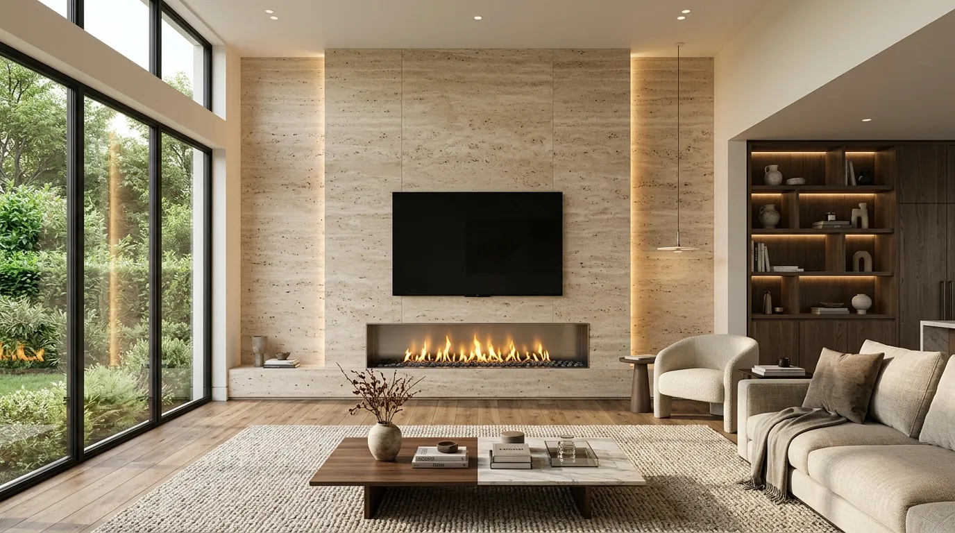 tv wall design with fireplace Floor-to-Ceiling Stone Feature