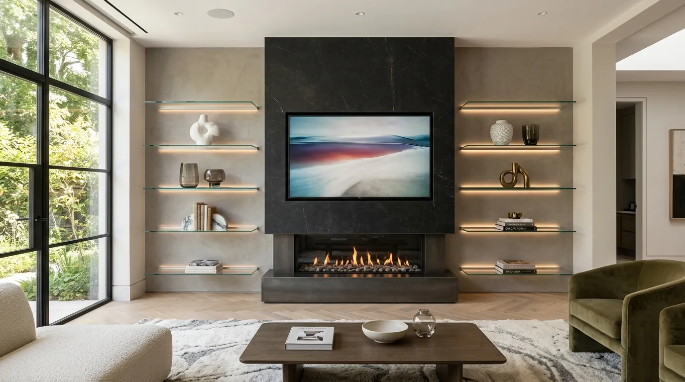 tv wall design with fireplace Glass Display Shelves