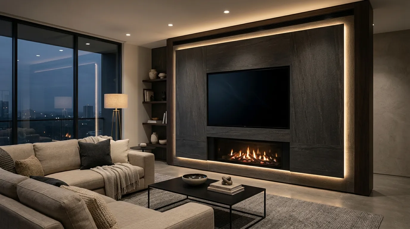 tv wall design with fireplace Hidden LED Lighting