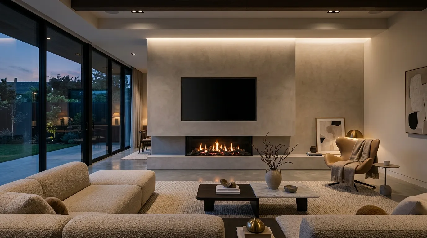 tv wall design with fireplace Minimalist Linear Fireplace