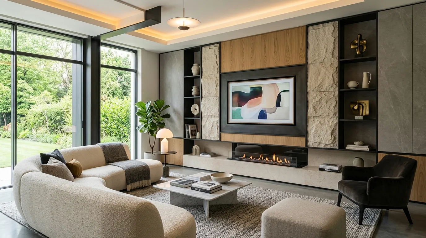tv wall design with fireplace Mixed Material Layers