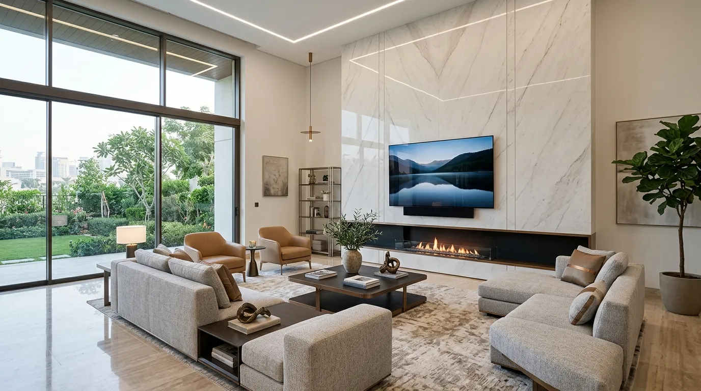 tv wall design with fireplace Porcelain Slab Finish