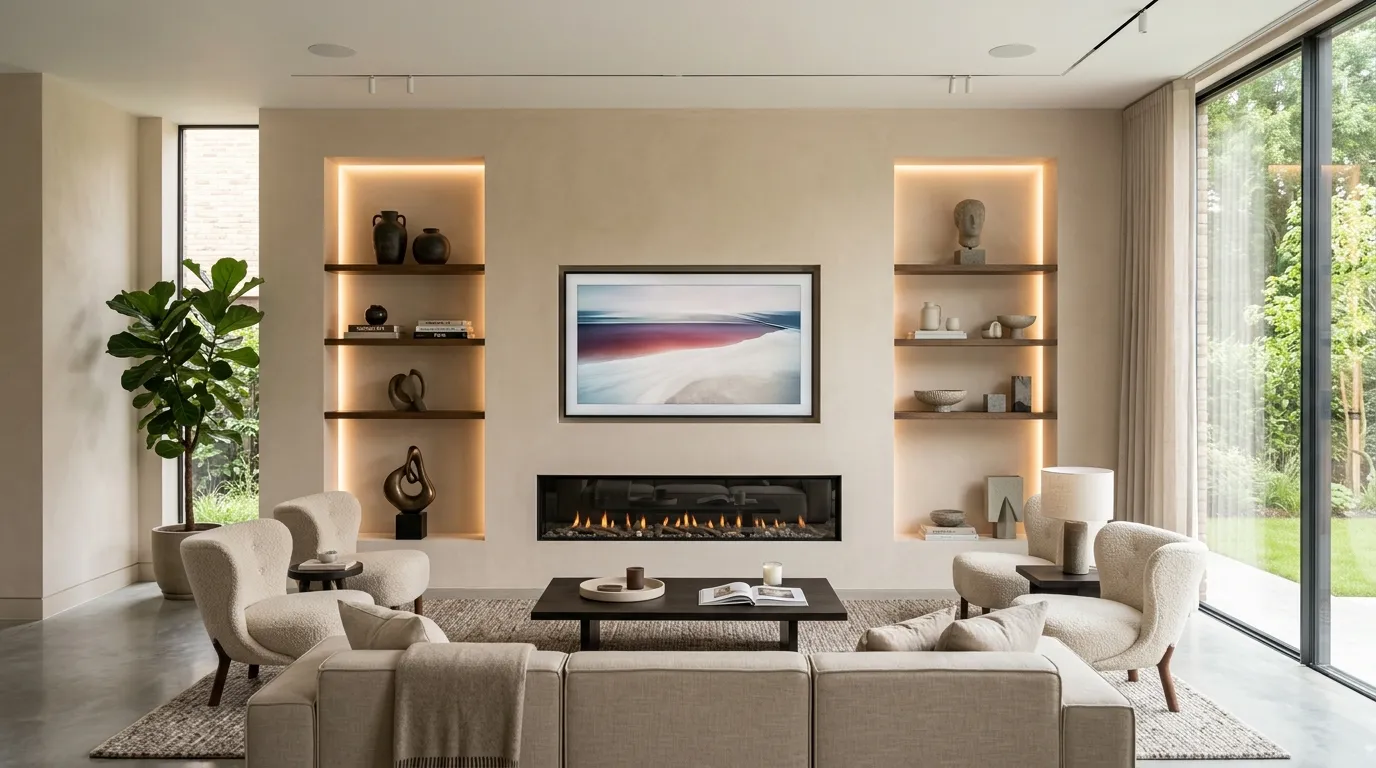 tv wall design with fireplace Seamless Built-In Niches