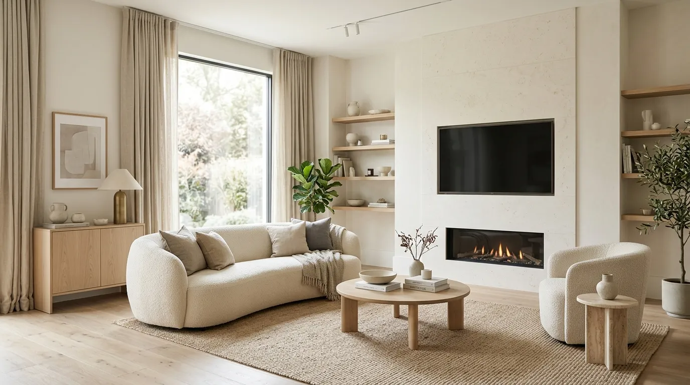 tv wall design with fireplace Soft Neutral Palette