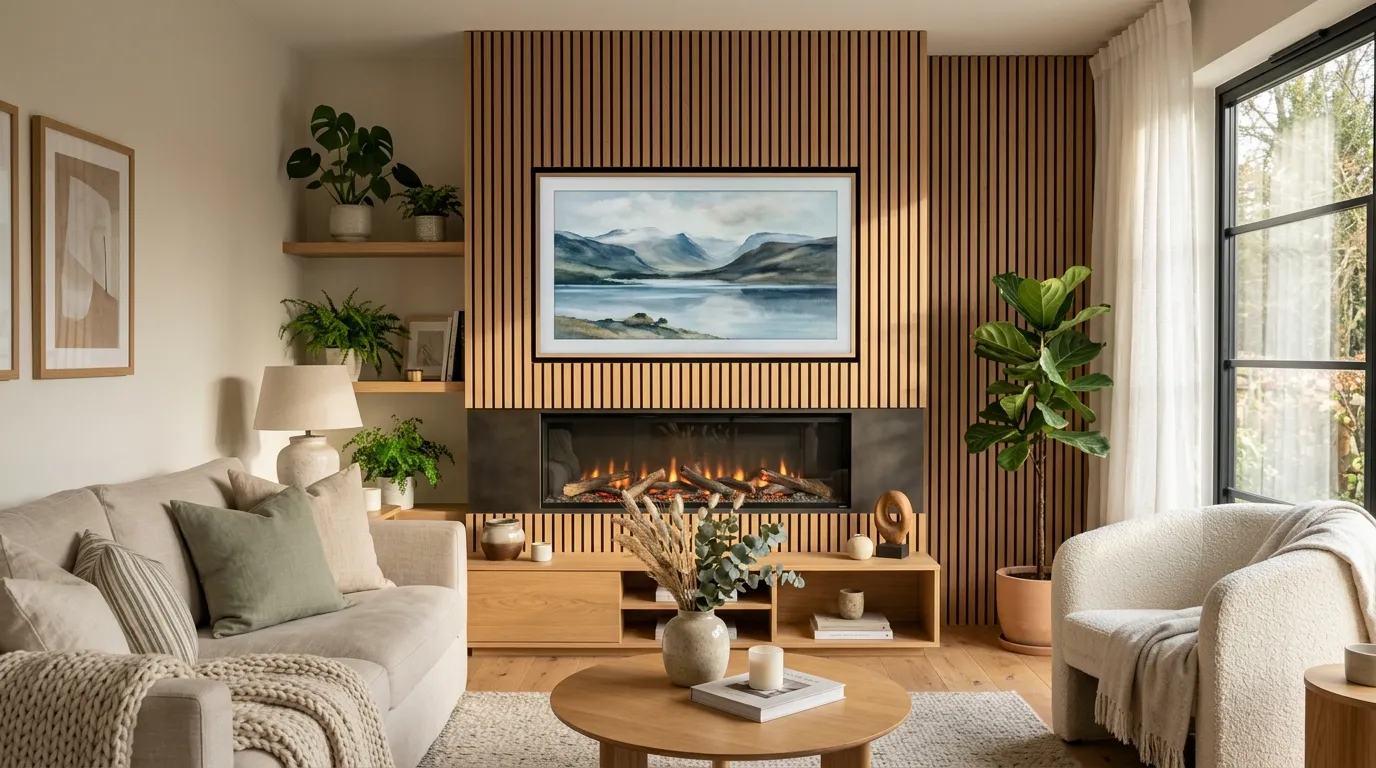 tv wall design with fireplace Vertical Slat Wall