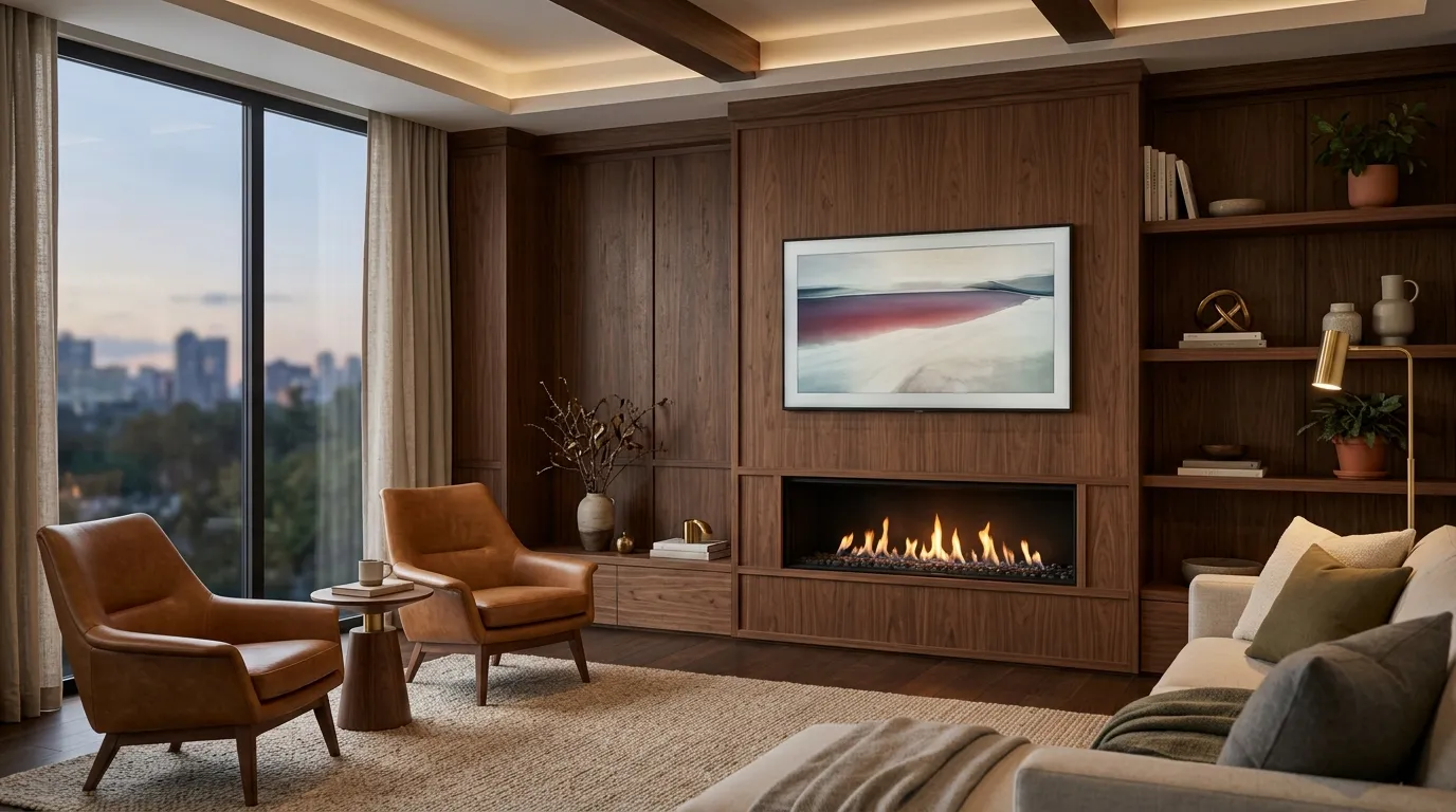tv wall design with fireplace Warm Walnut Paneling