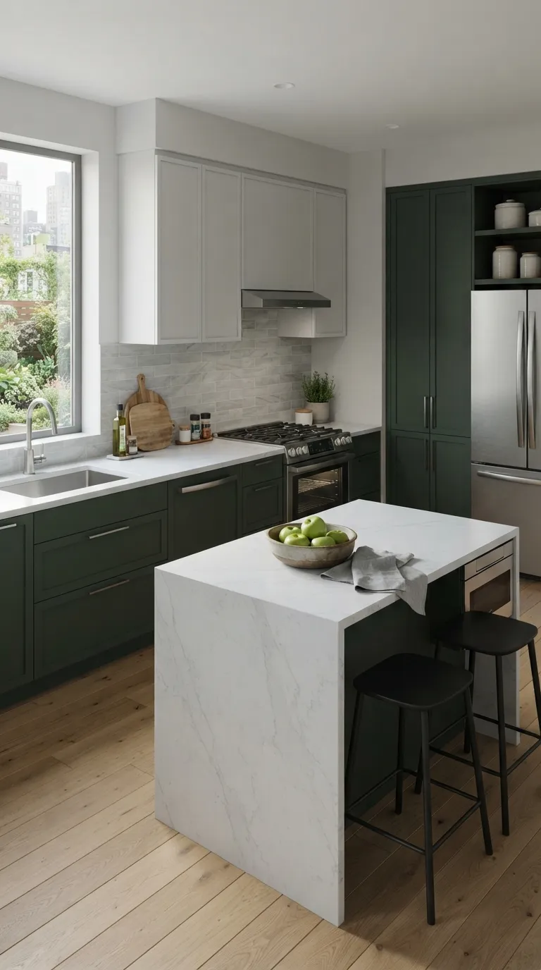 two tone kitchen color ideas Deep Green and Light Gray