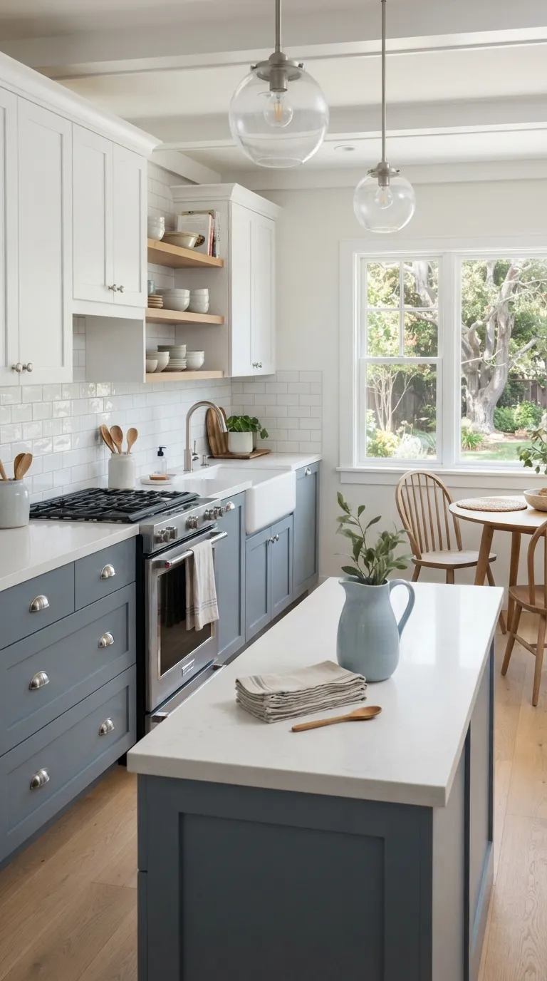 two tone kitchen color ideas Dusty Blue and White