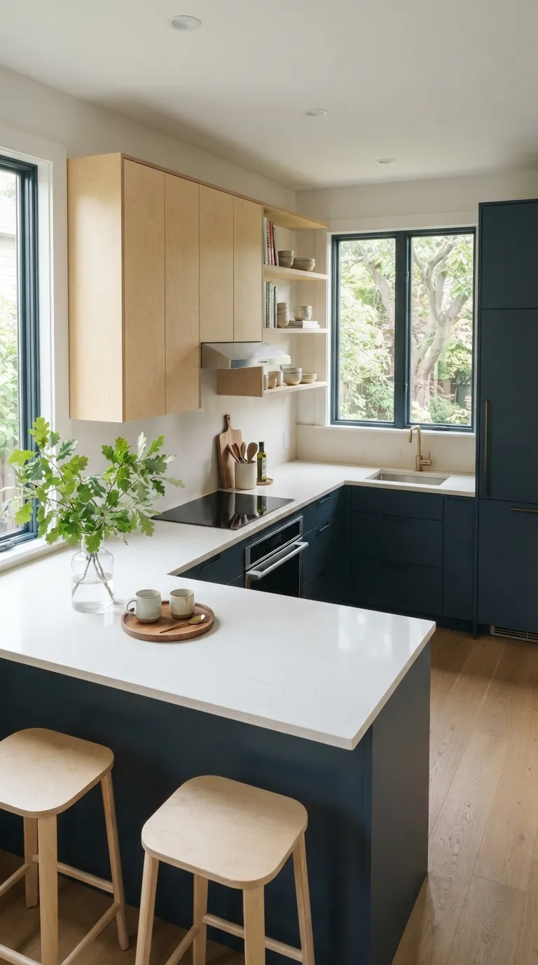 two tone kitchen color ideas Forest Blue and Natural Birch