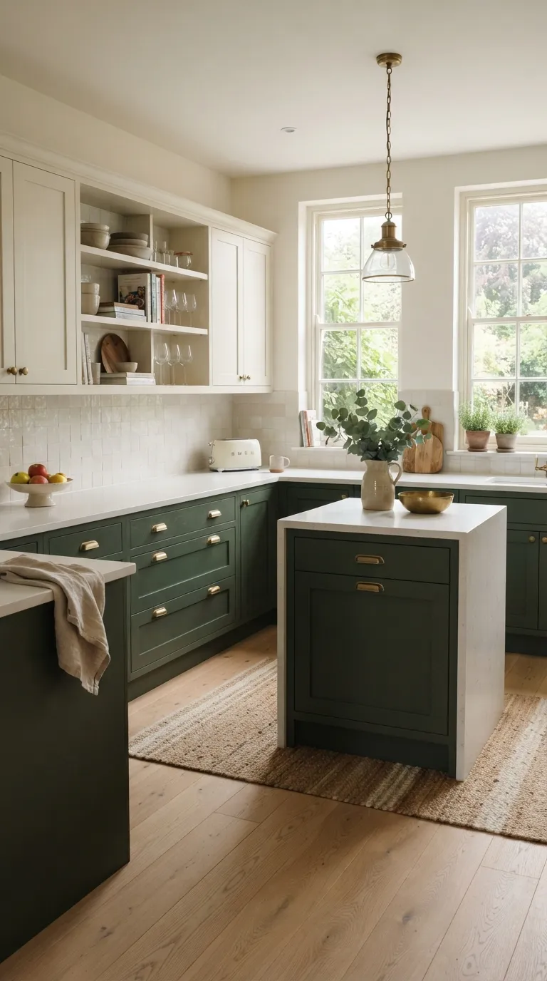 two tone kitchen color ideas Forest Green and Ivory