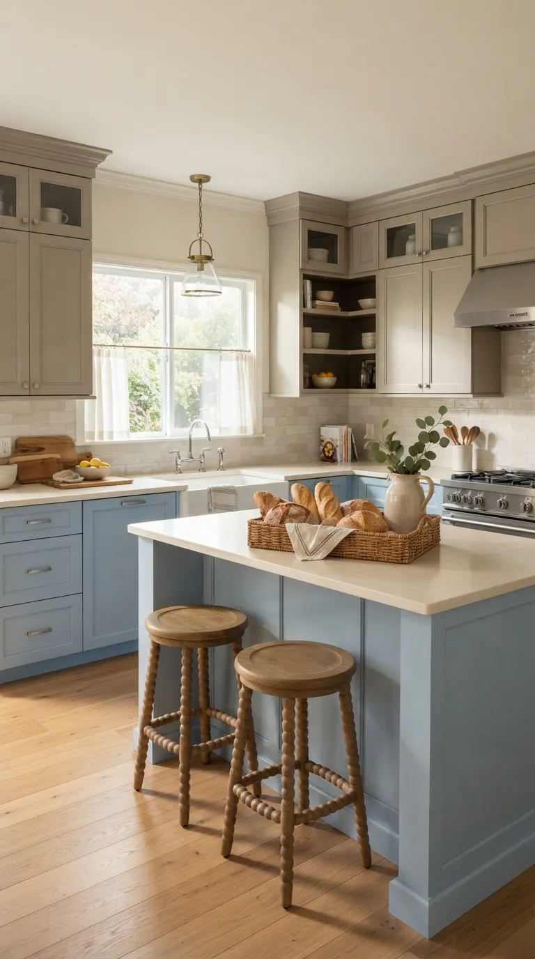 two tone kitchen color ideas Powder Blue and Warm Taupe
