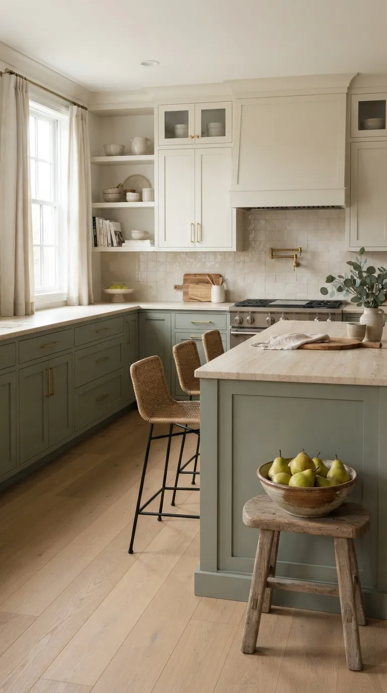 two tone kitchen color ideas Sage Green and Cream