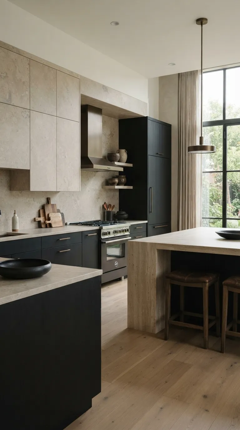 two tone kitchen color ideas Soft Black and Natural Stone