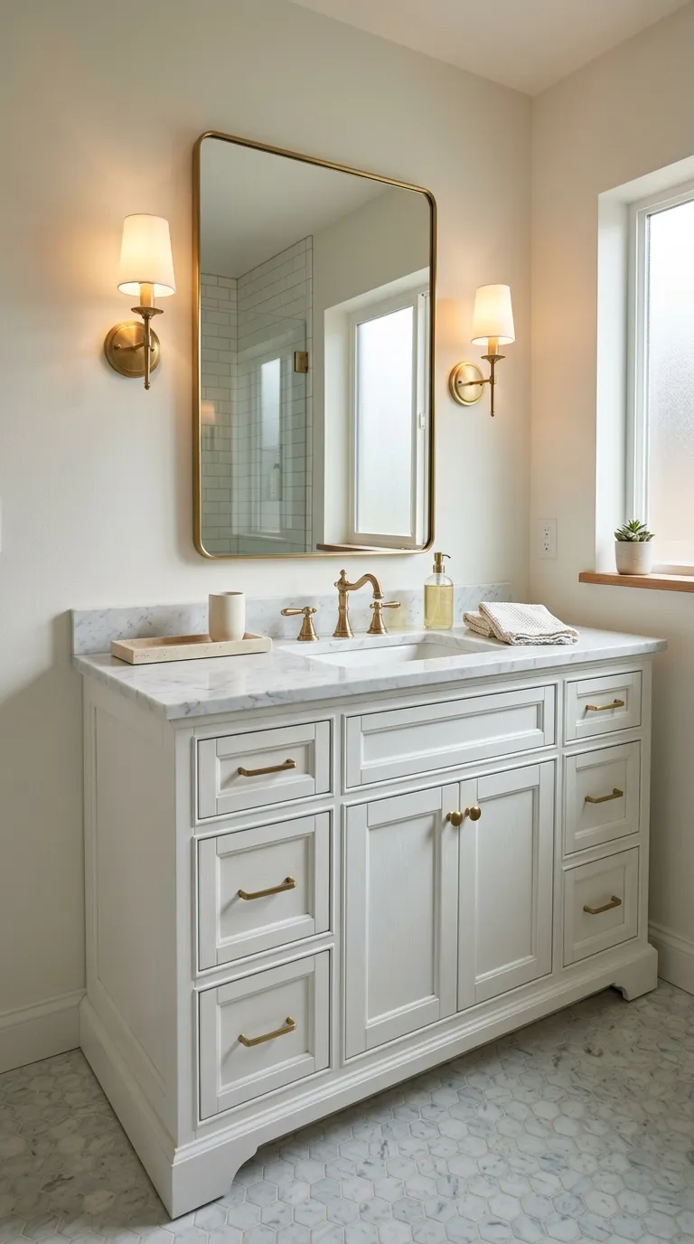 white bathroom vanity ideas Classic White Shaker Vanity With Marble