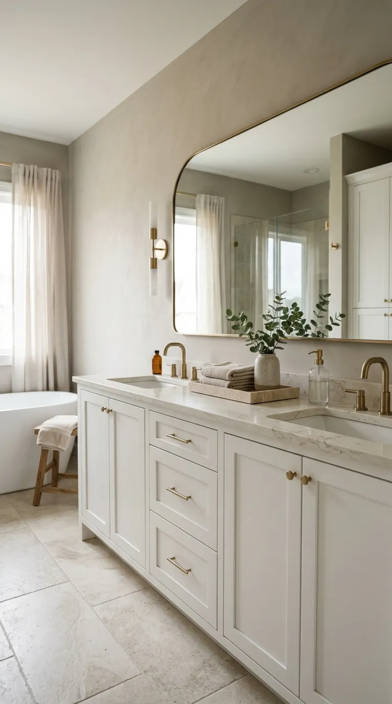 white bathroom vanity ideas Elegant White Vanity With Soft Neutral Styling