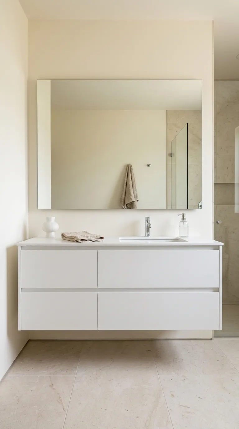 white bathroom vanity ideas Minimalist White Vanity With a Frameless Mirror