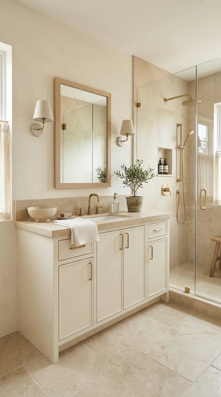 white bathroom vanity ideas Soft White Vanity With Beige Stone